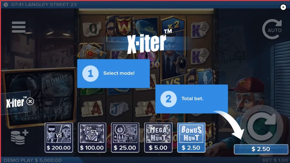 Langley Street 23 slot machine interface na may tema ng conspiracy noir